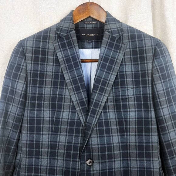 Banana Republic Tailored Fit blazer navy plaid 2-button suit jacket cotton 38S - Picture 2 of 9